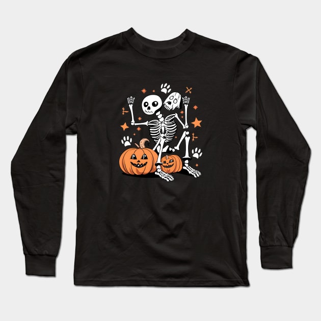 human skeleton sitting with dog skeleton halloween Long Sleeve T-Shirt by Aldrvnd